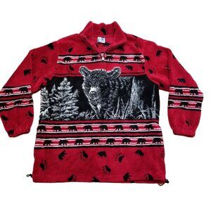 ✅Mens L Art Unlimited Black Bear All Over Print Sweater Red Fleece VTG Made USA